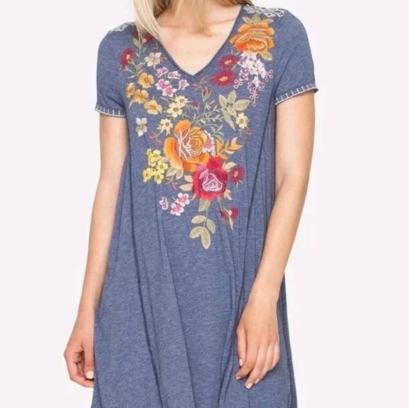 Johnny Was Blue Dress with Floral Embroidery - Picture 1 of 4